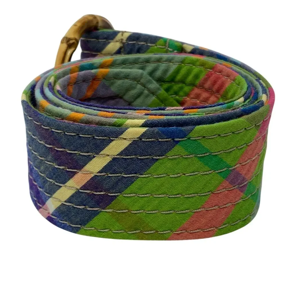Y2K J. Crew Cotton Plaid Fabric Belt Womens Size S/M Bamboo Ring Buckle Green - Picture 2 of 5